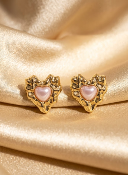 Hammered Heart Pearl Stud Earrings